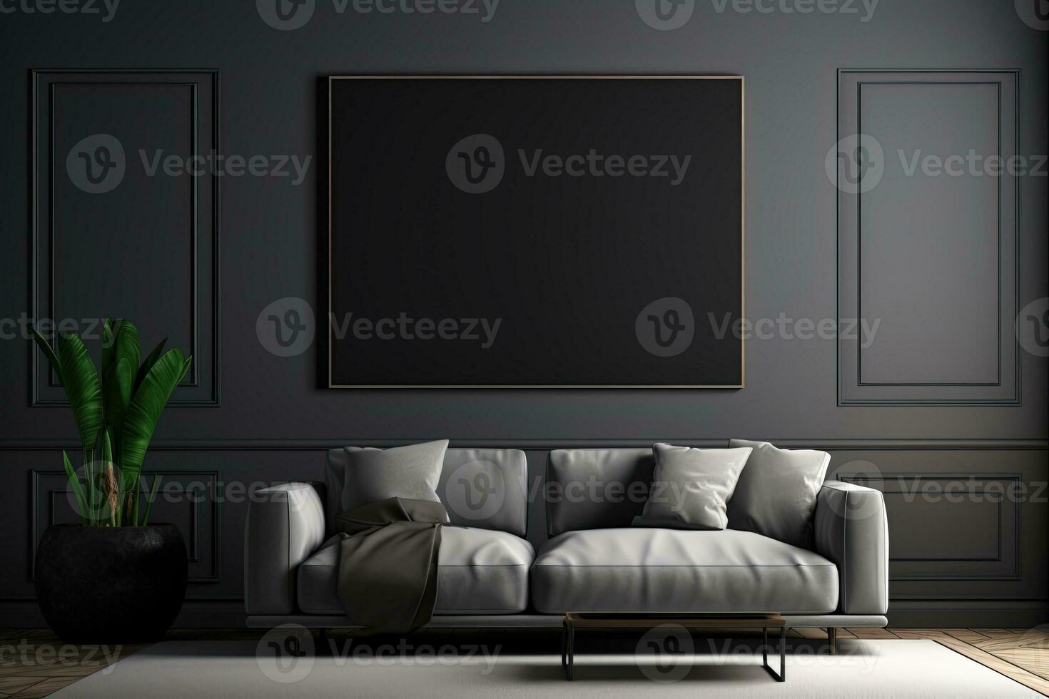 Interior of modern living room with gray walls, carpet, black sofa and black mock up poster frame photo