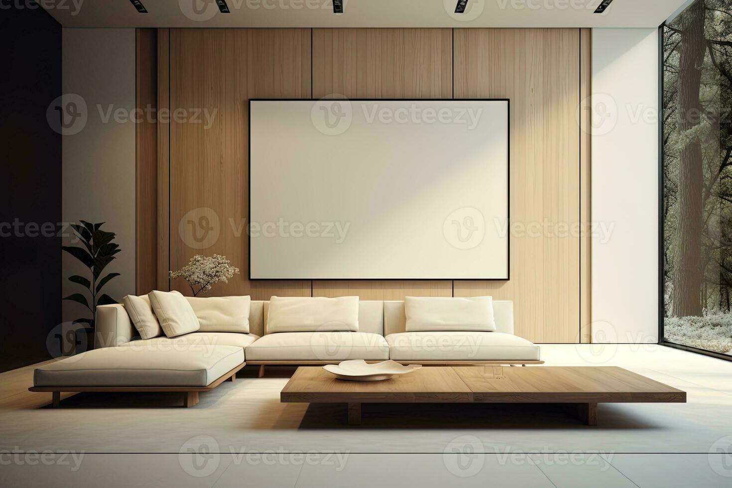 interior de moderno vivo habitación con de madera paredes, embaldosado piso, blanco sofá en pie cerca café mesa y vertical burlarse de arriba póster foto