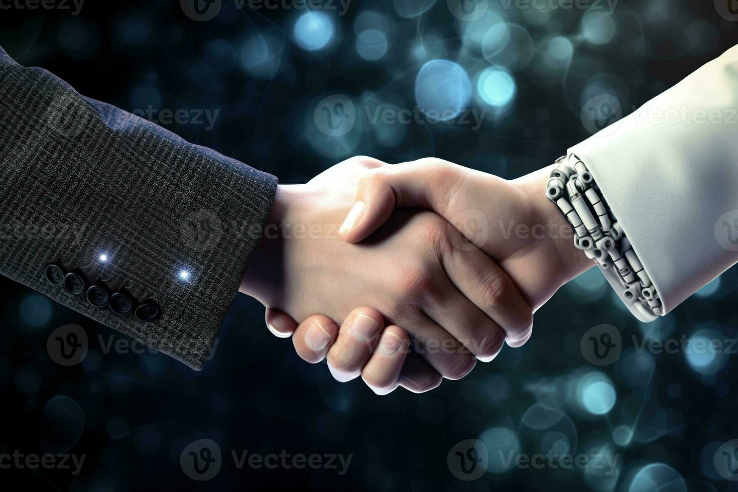 Close up of human hand and robot shaking hands against bokeh background ai generated photo