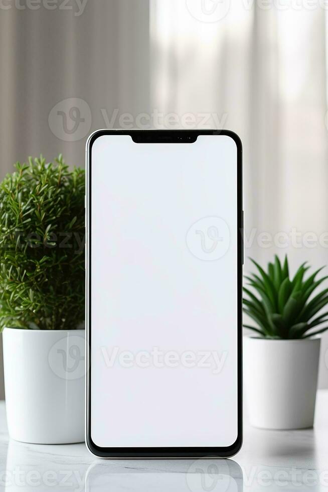 Bosquejo teléfono inteligente con blanco pantalla en mesa con verde planta ai generado foto