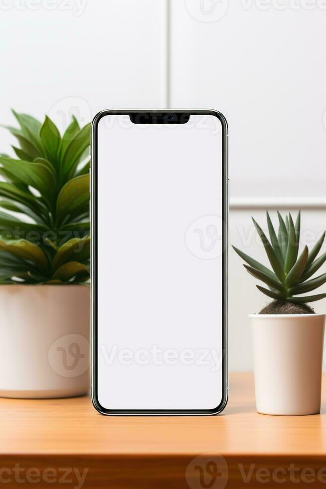 Mockup smartphone with blank screen on table with green plant AI generated photo