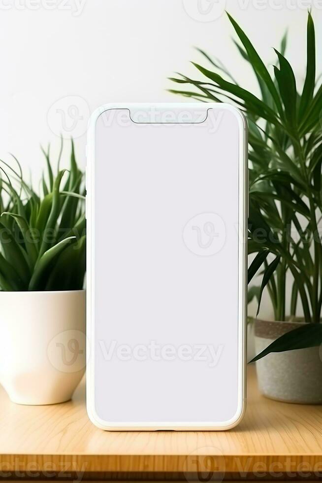 Mockup smartphone with blank screen on table with green plant AI generated photo