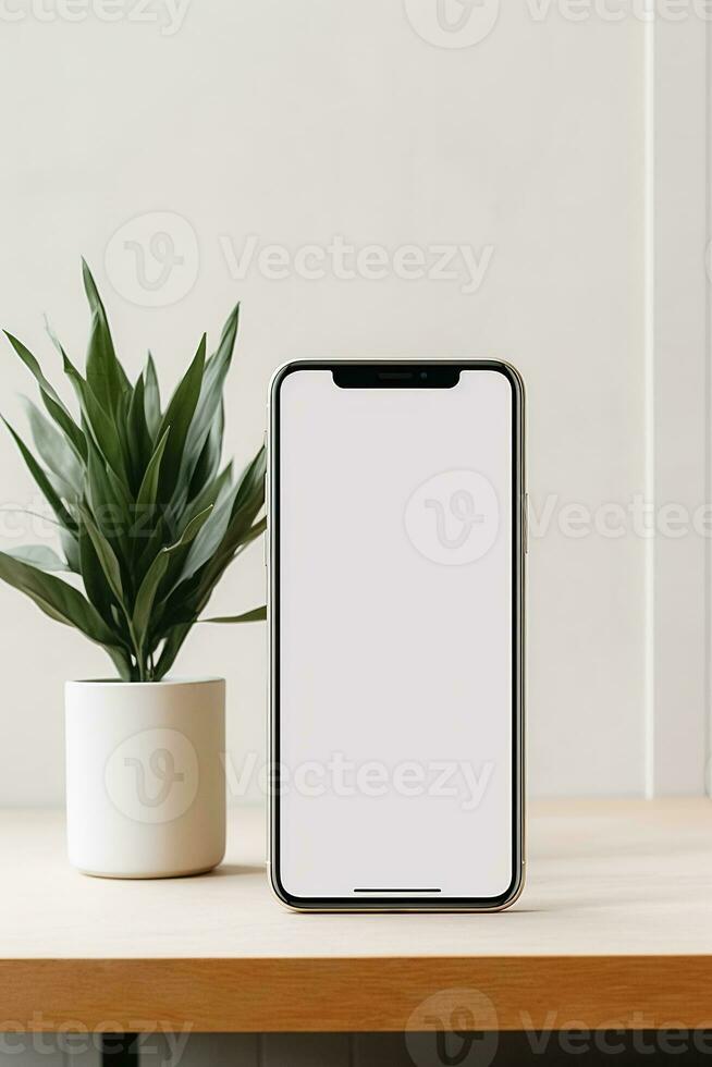 Mockup smartphone with blank screen on table with green plant AI generated photo