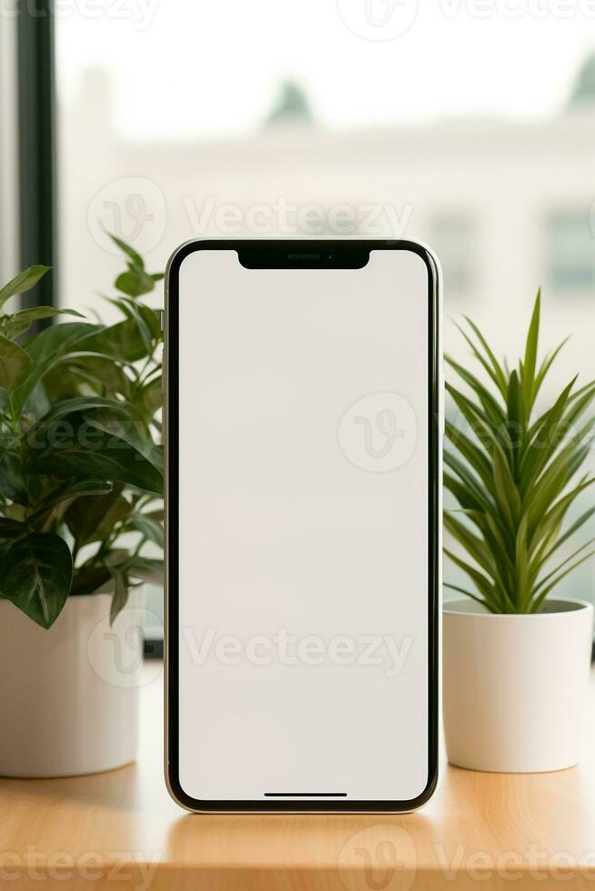 Bosquejo teléfono inteligente con blanco pantalla en mesa con verde planta ai generado foto