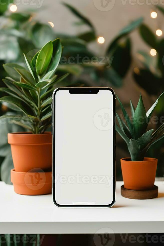 Mockup smartphone with blank screen on table with green plant AI generated photo