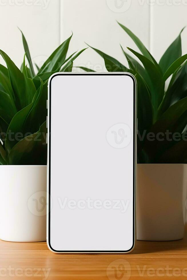 Mockup smartphone with blank screen on table with green plant AI generated photo