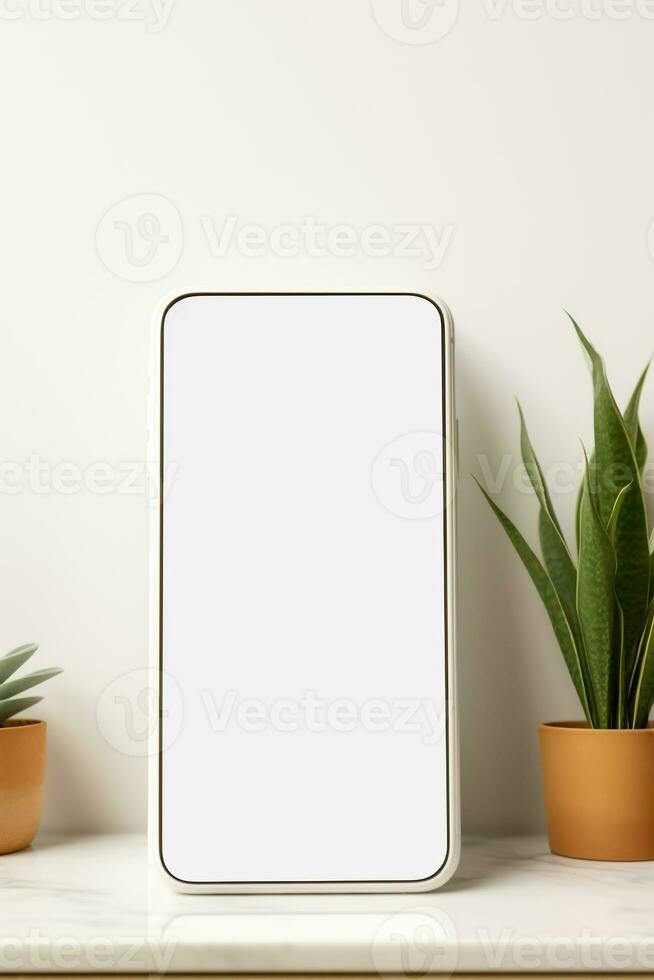 Mockup smartphone with blank screen on table with green plant AI generated photo