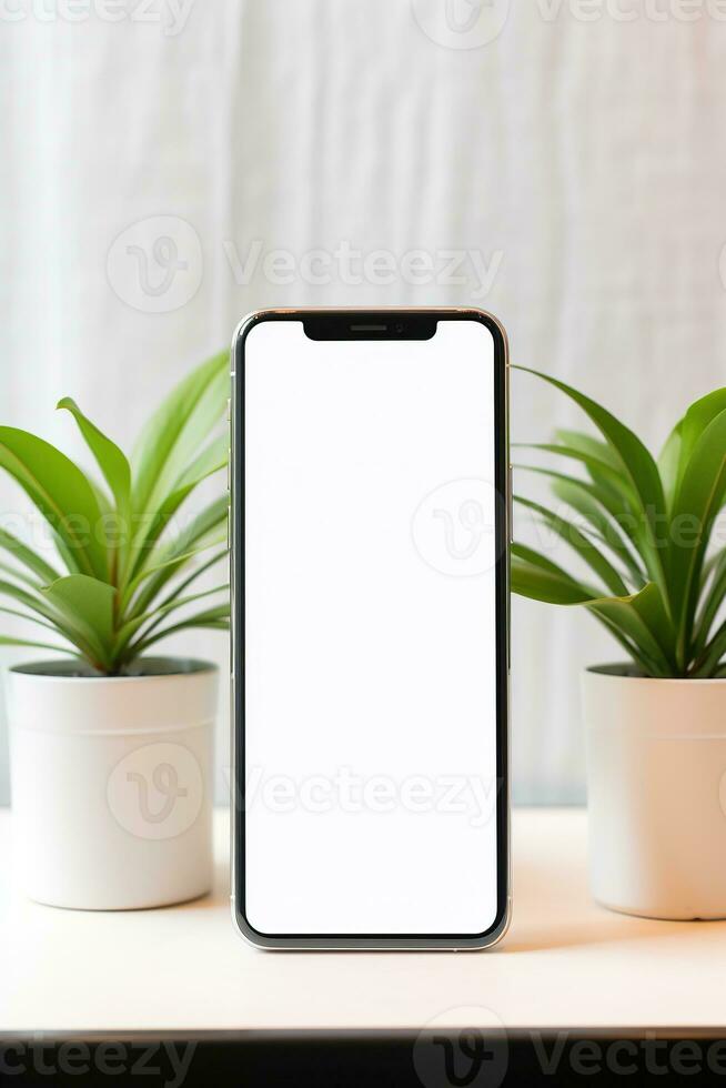 Mockup smartphone with blank screen on table with green plant AI generated photo