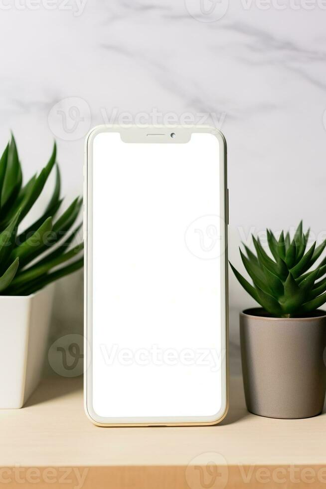Mockup smartphone with blank screen on table with green plant AI generated photo