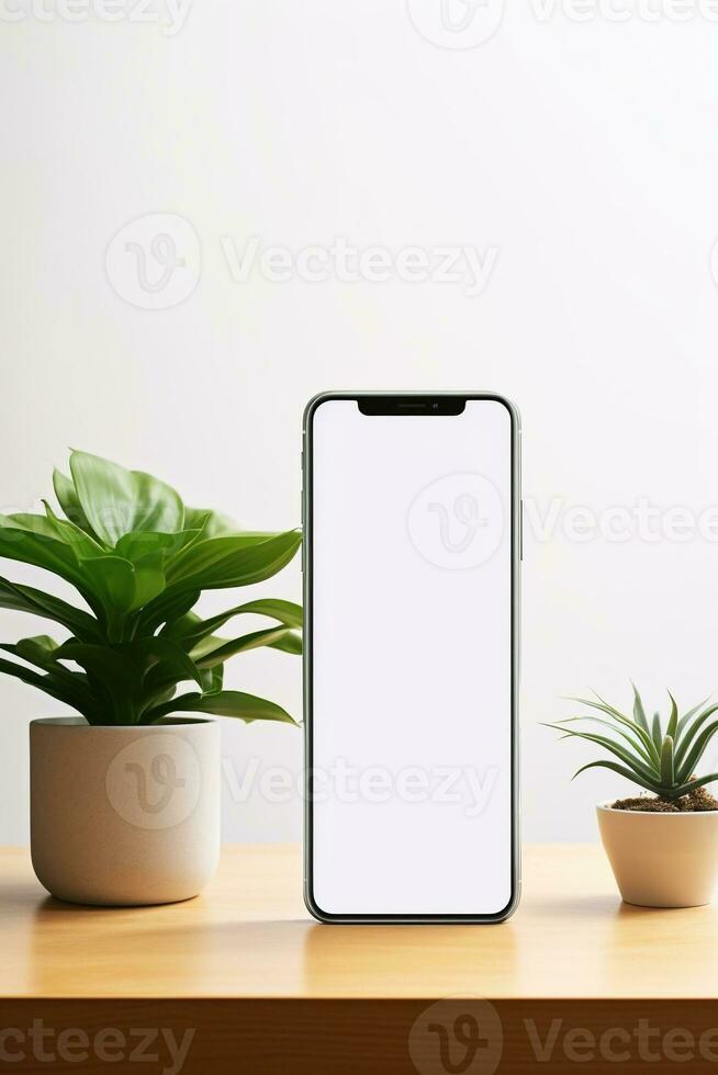 Mockup smartphone with blank screen on table with green plant AI generated photo