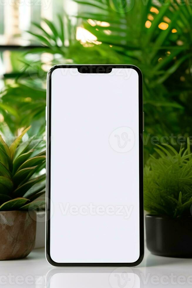 Mockup smartphone with blank screen on table with green plant AI generated photo