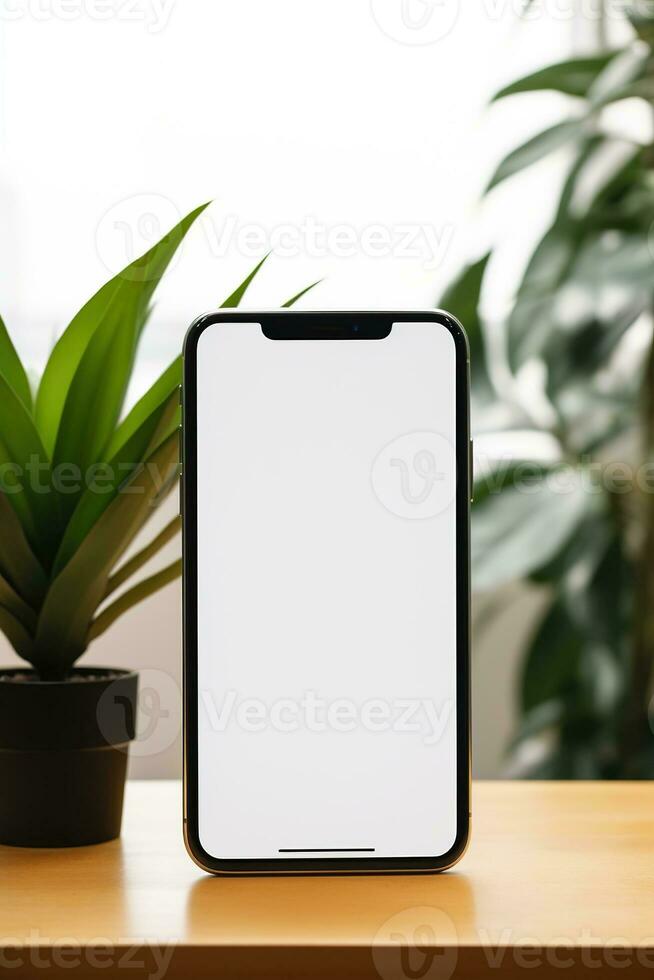 Mockup smartphone with blank screen on table with green plant AI generated photo