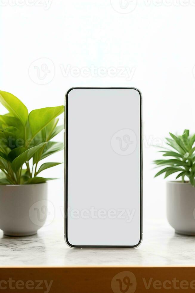 Mockup smartphone with blank screen on table with green plant AI generated photo