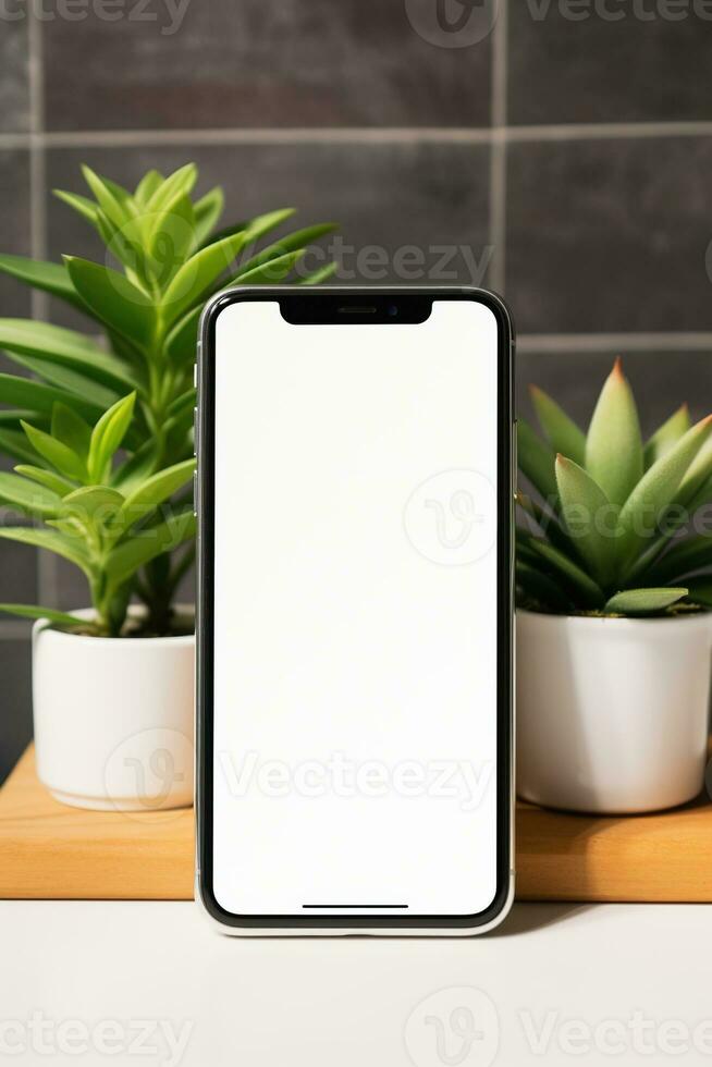 Mockup smartphone with blank screen on table with green plant AI generated photo