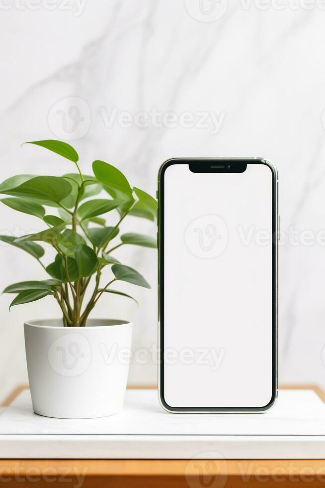 Mockup smartphone with blank screen on table with green plant AI generated photo