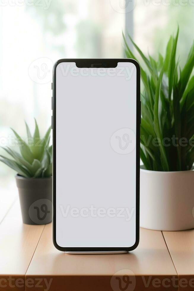 Mockup smartphone with blank screen on table with green plant AI generated photo