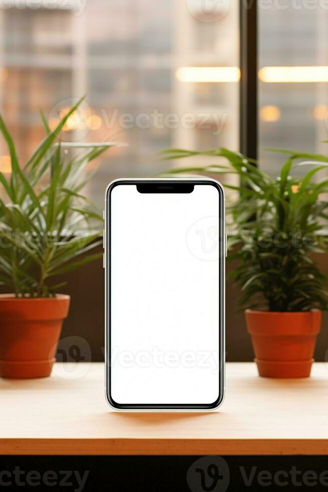 Mockup smartphone with blank screen on table with green plant AI generated photo