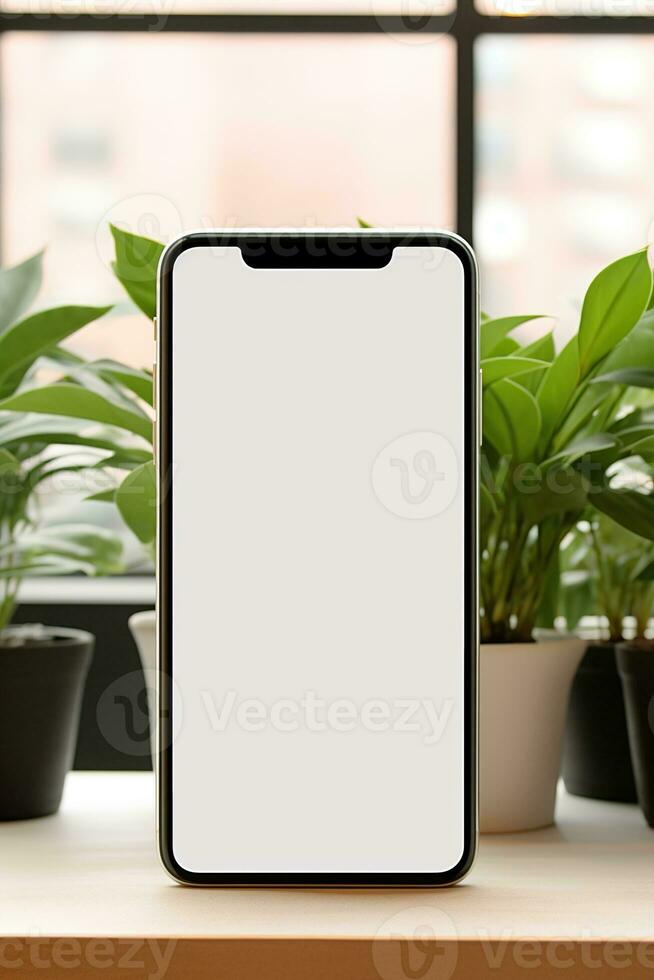 Mockup smartphone with blank screen on table with green plant AI generated photo