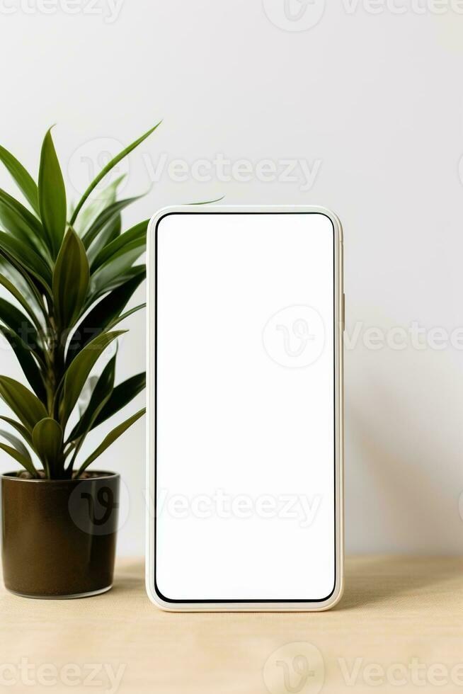 Mockup smartphone with blank screen on table with green plant AI generated photo