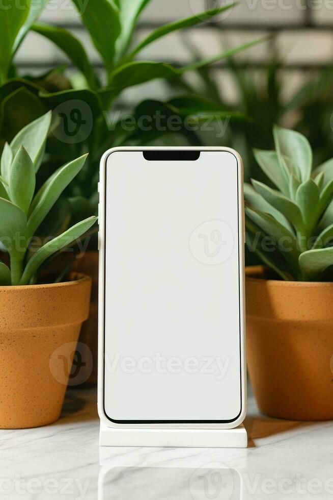 Mockup smartphone with blank screen on table with green plant AI generated photo