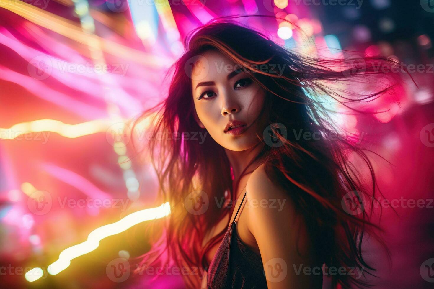 Portrait of a beautiful young asian woman with long hair in night club AI generated photo