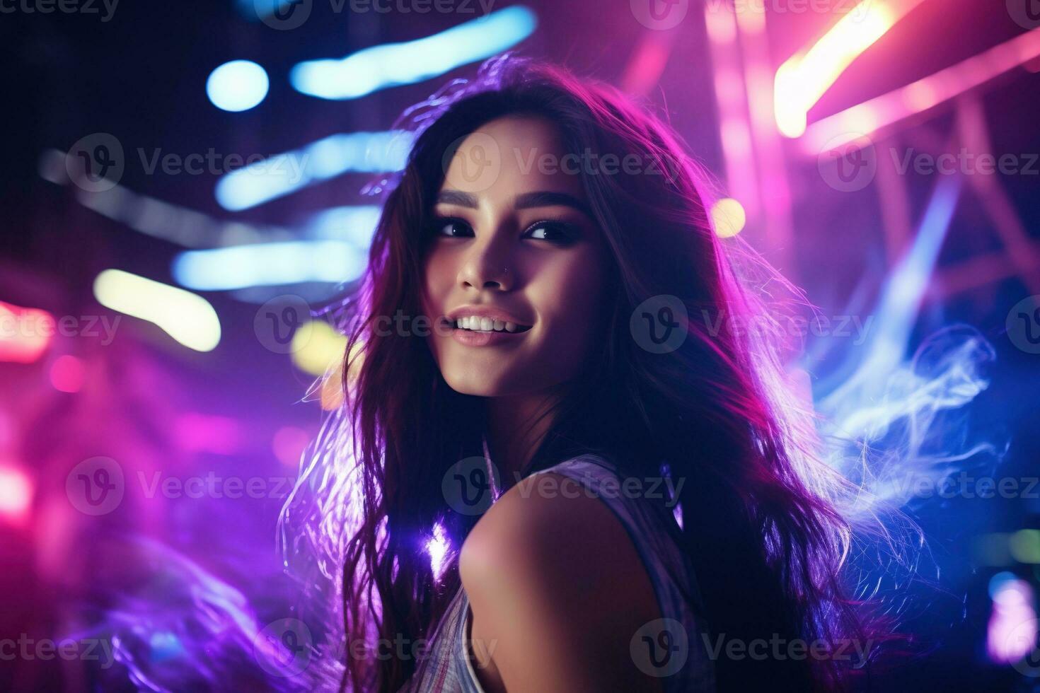 Portrait of a beautiful young asian woman with long hair in night club AI generated photo