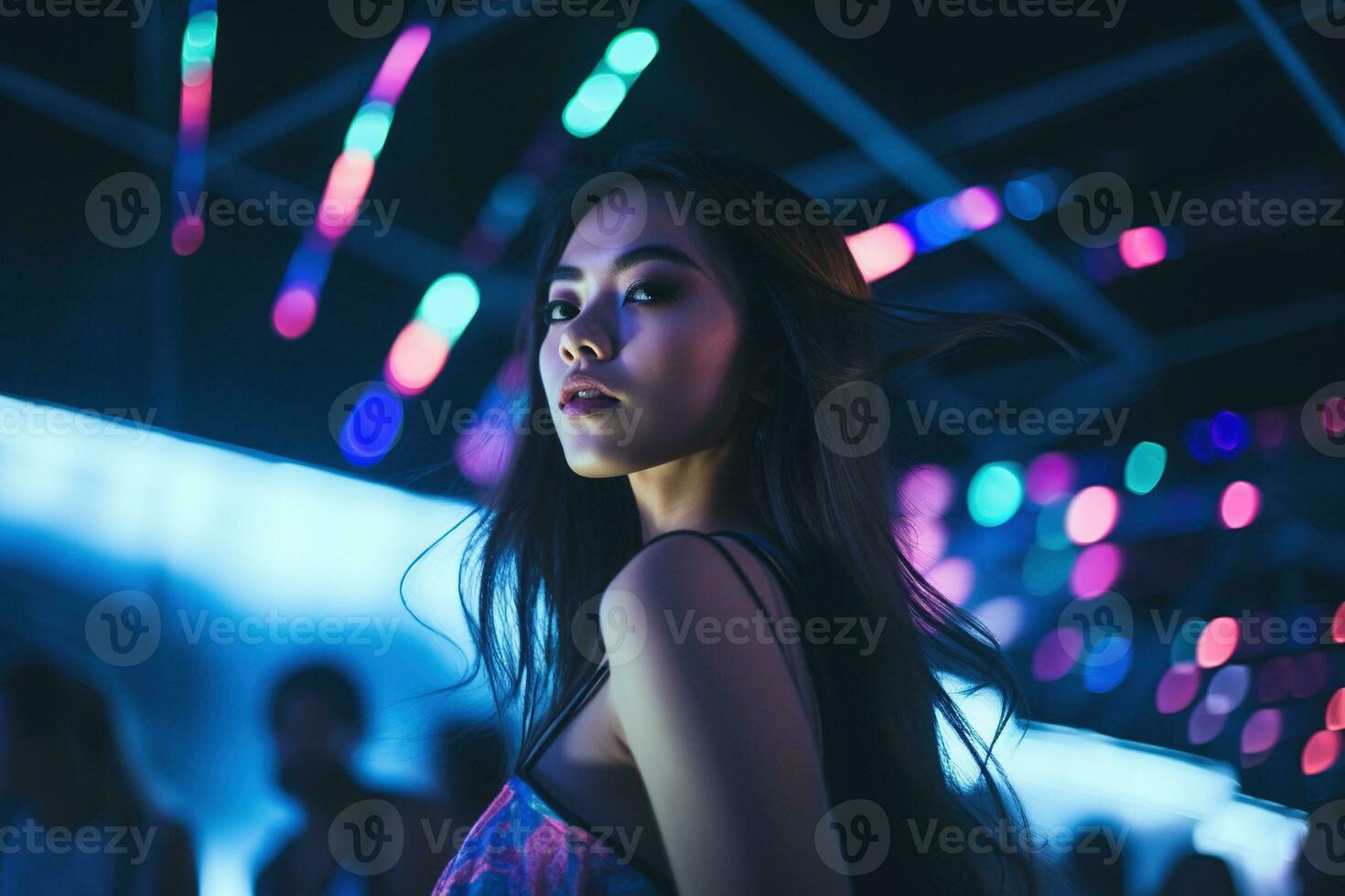 Portrait of a beautiful young asian woman with long hair in night club AI generated photo