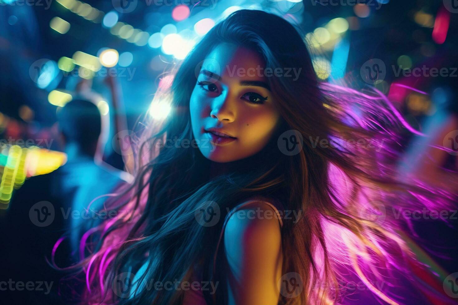 Portrait of a beautiful young asian woman with long hair in night club AI generated photo