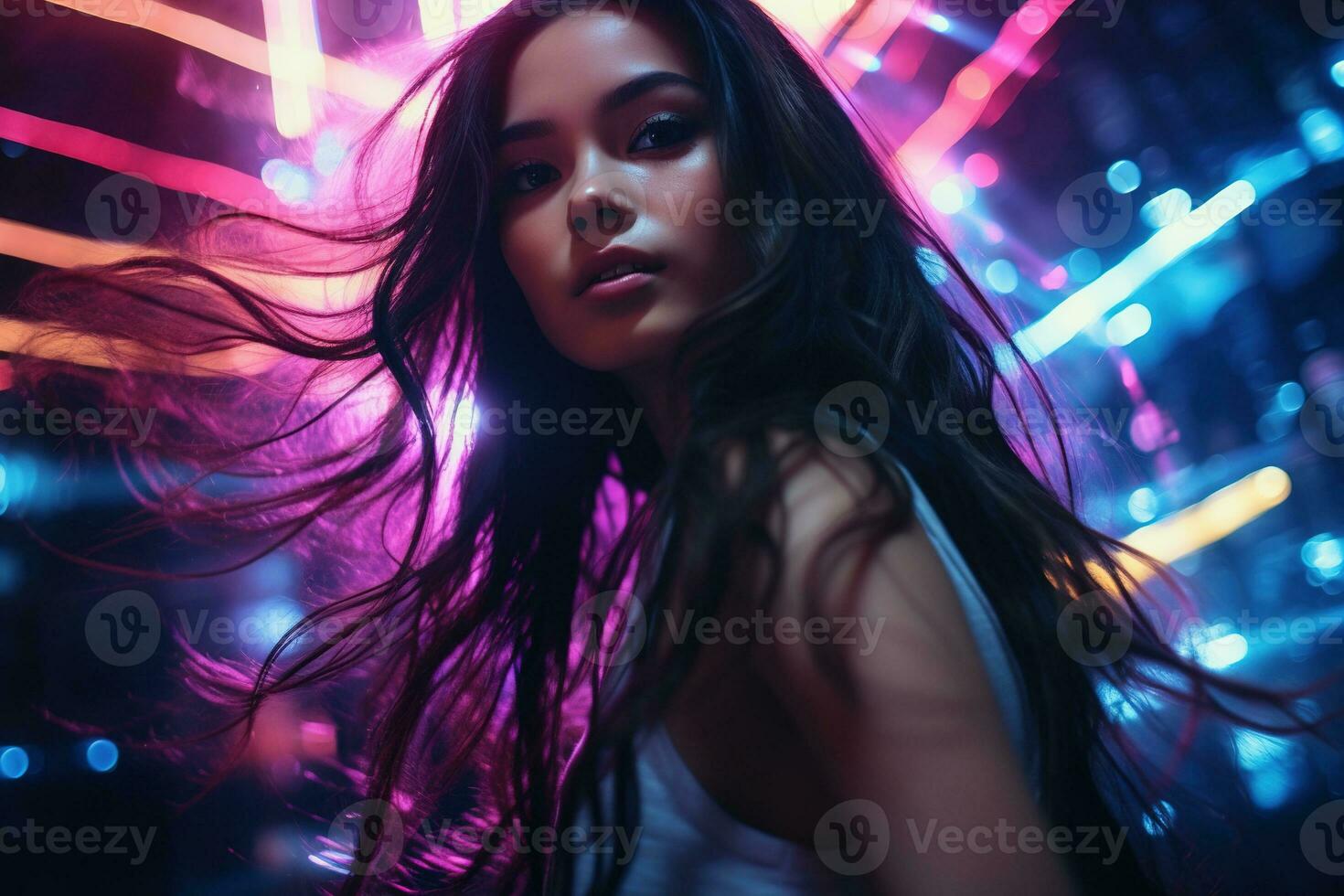 Portrait of a beautiful young asian woman with long hair in night club AI generated photo