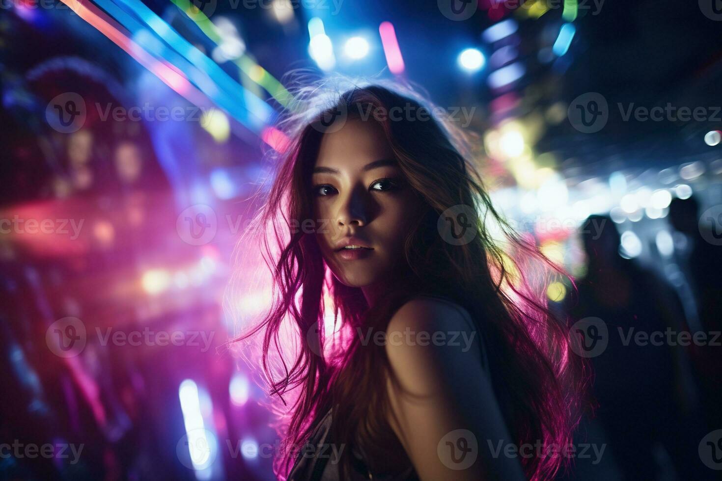 Portrait of a beautiful young asian woman with long hair in night club AI generated photo