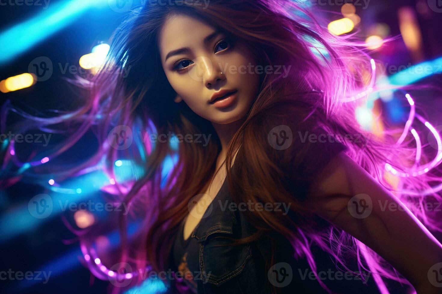 Portrait of a beautiful young asian woman with long hair in night club AI generated photo