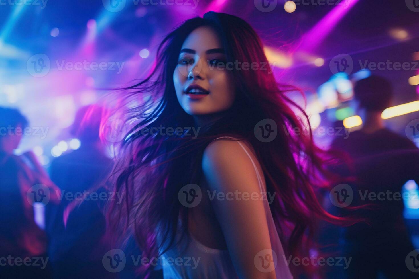 Portrait of a beautiful young asian woman with long hair in night club AI generated photo