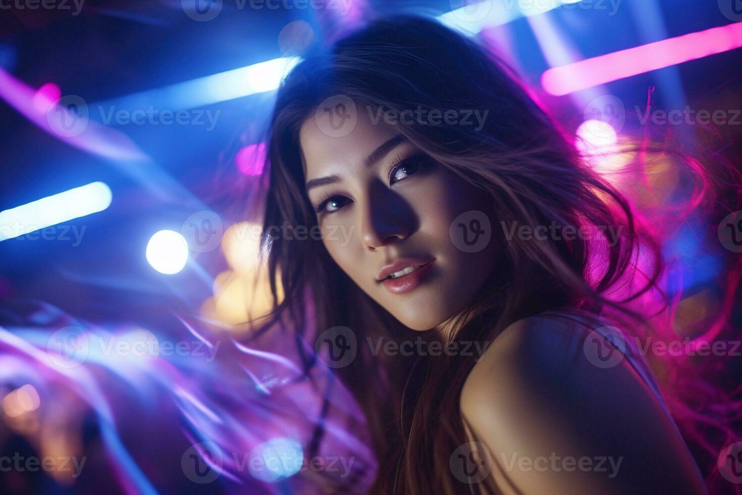 Portrait of a beautiful young asian woman with long hair in night club AI generated photo