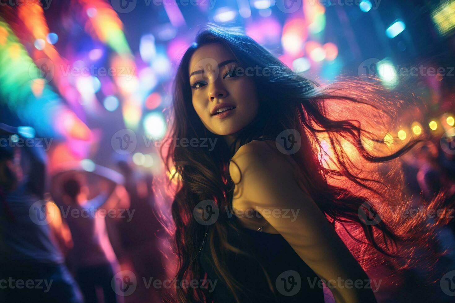 Portrait of a beautiful young asian woman with long hair in night club AI generated photo