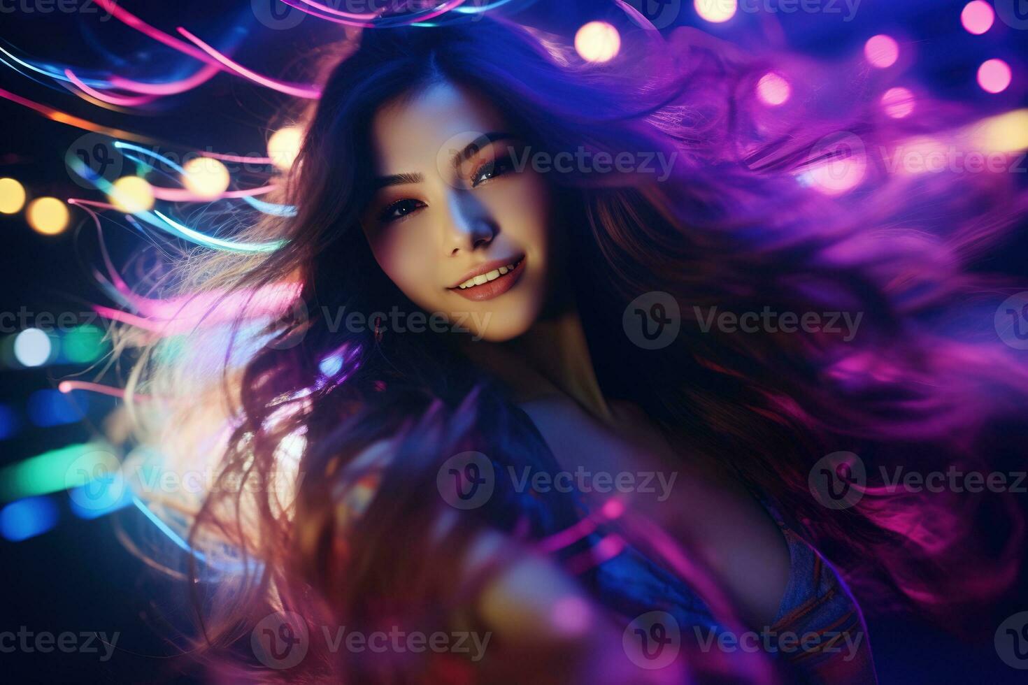 Portrait of a beautiful young asian woman with long hair in night club AI generated photo