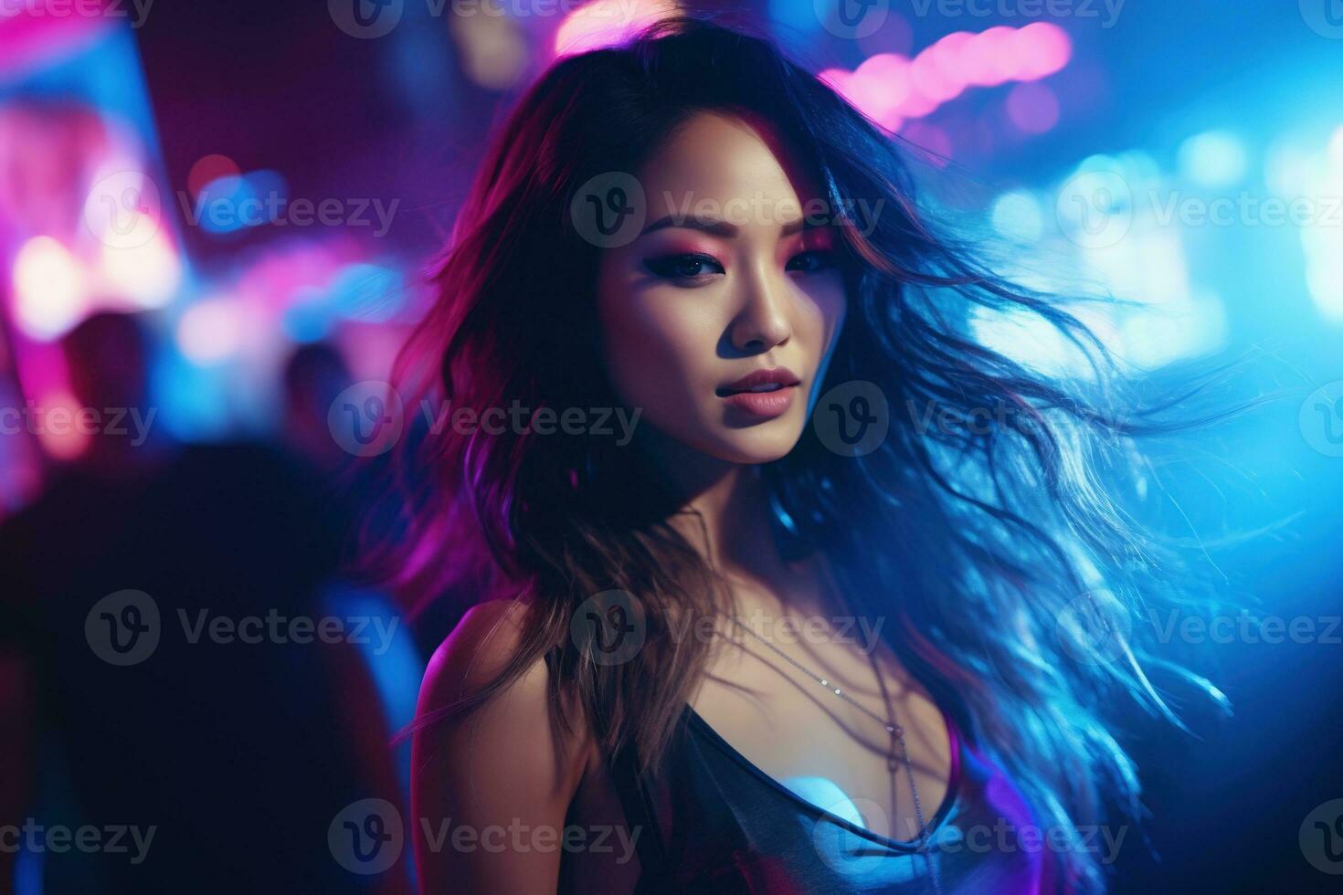 Portrait of a beautiful young asian woman with long hair in night club AI generated photo