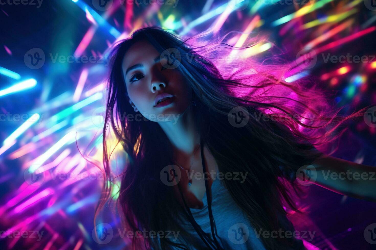 Portrait of a beautiful young asian woman with long hair in night club AI generated photo