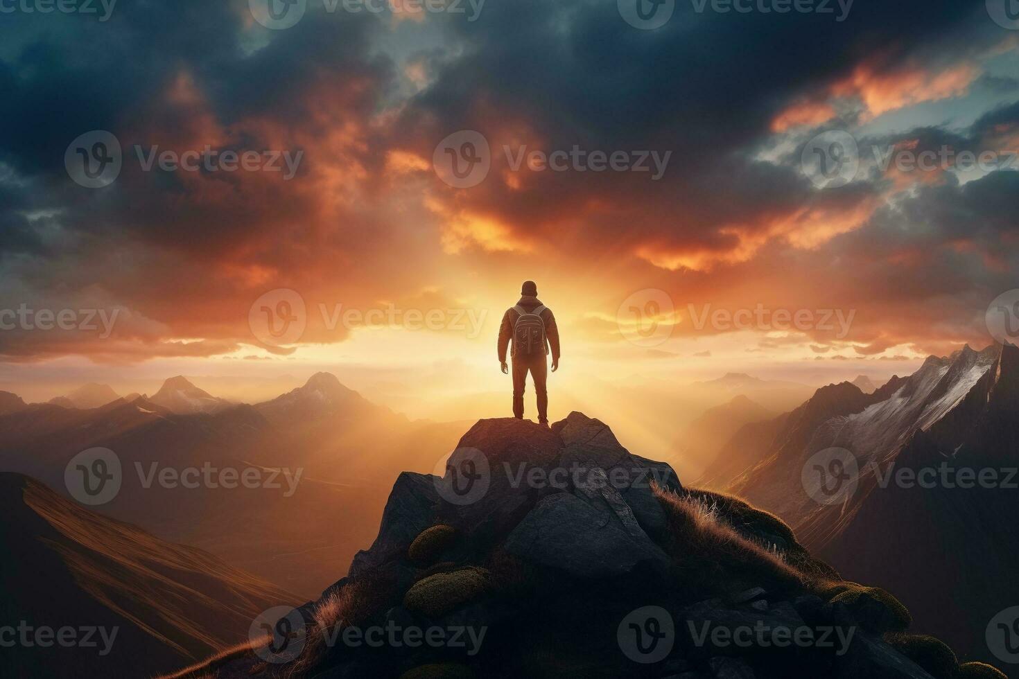 Man standing on top of the mountain and looking at the sunset AI generated photo