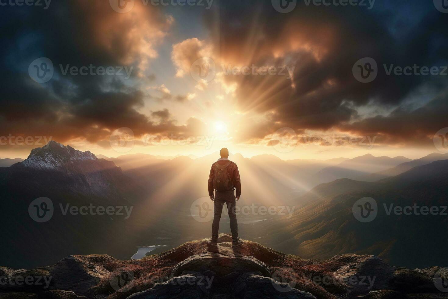Man standing on top of the mountain and looking at the sunset AI generated photo
