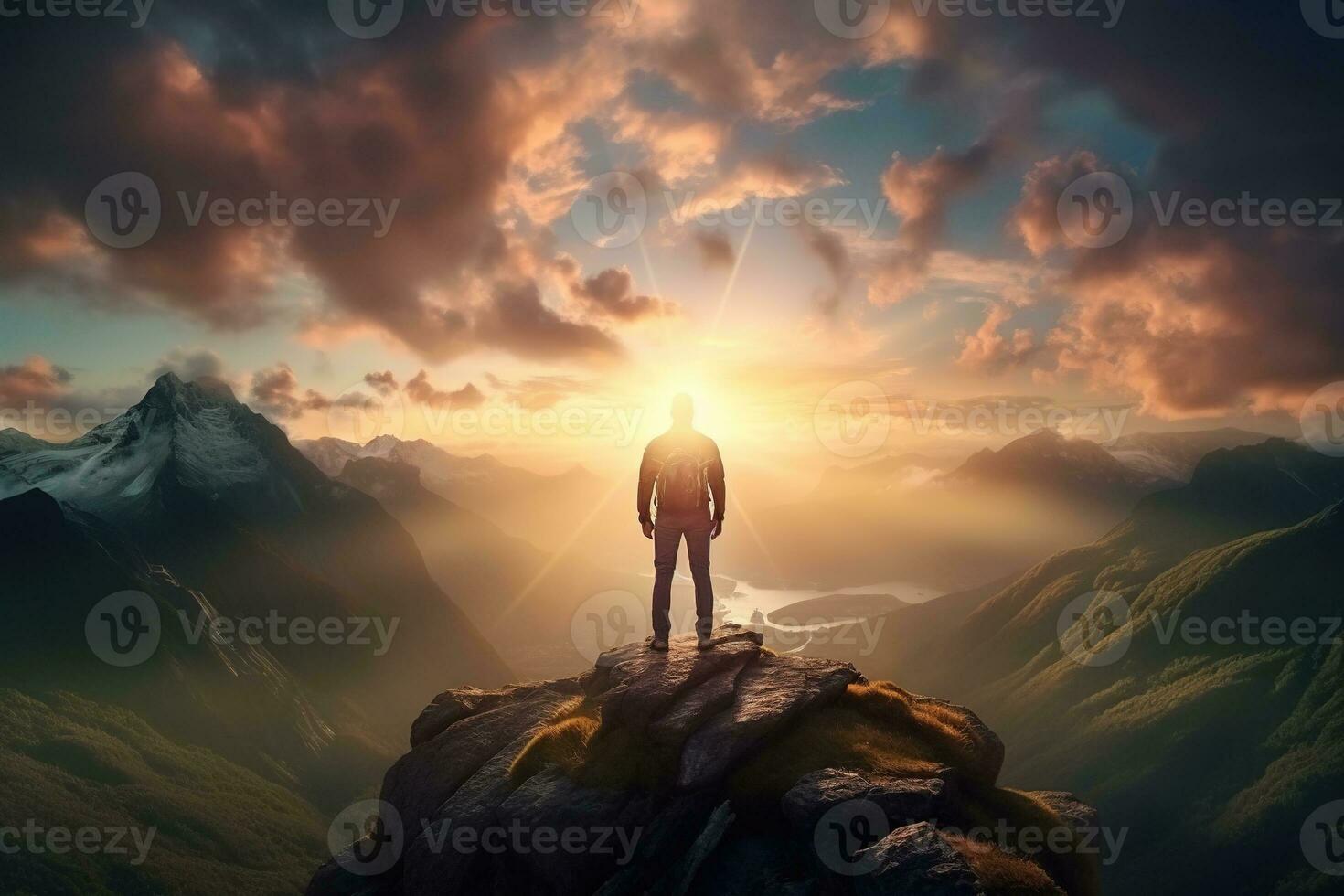 Man standing on top of the mountain and looking at the sunset AI generated photo