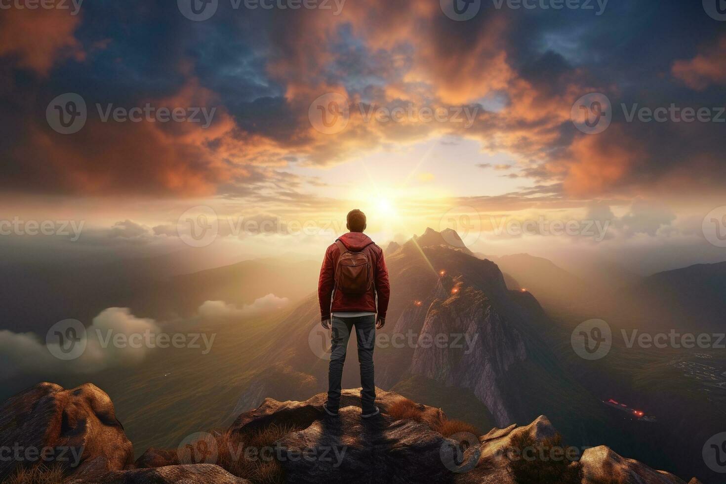 hombre en pie en parte superior de el montaña y mirando a el puesta de sol ai generado foto