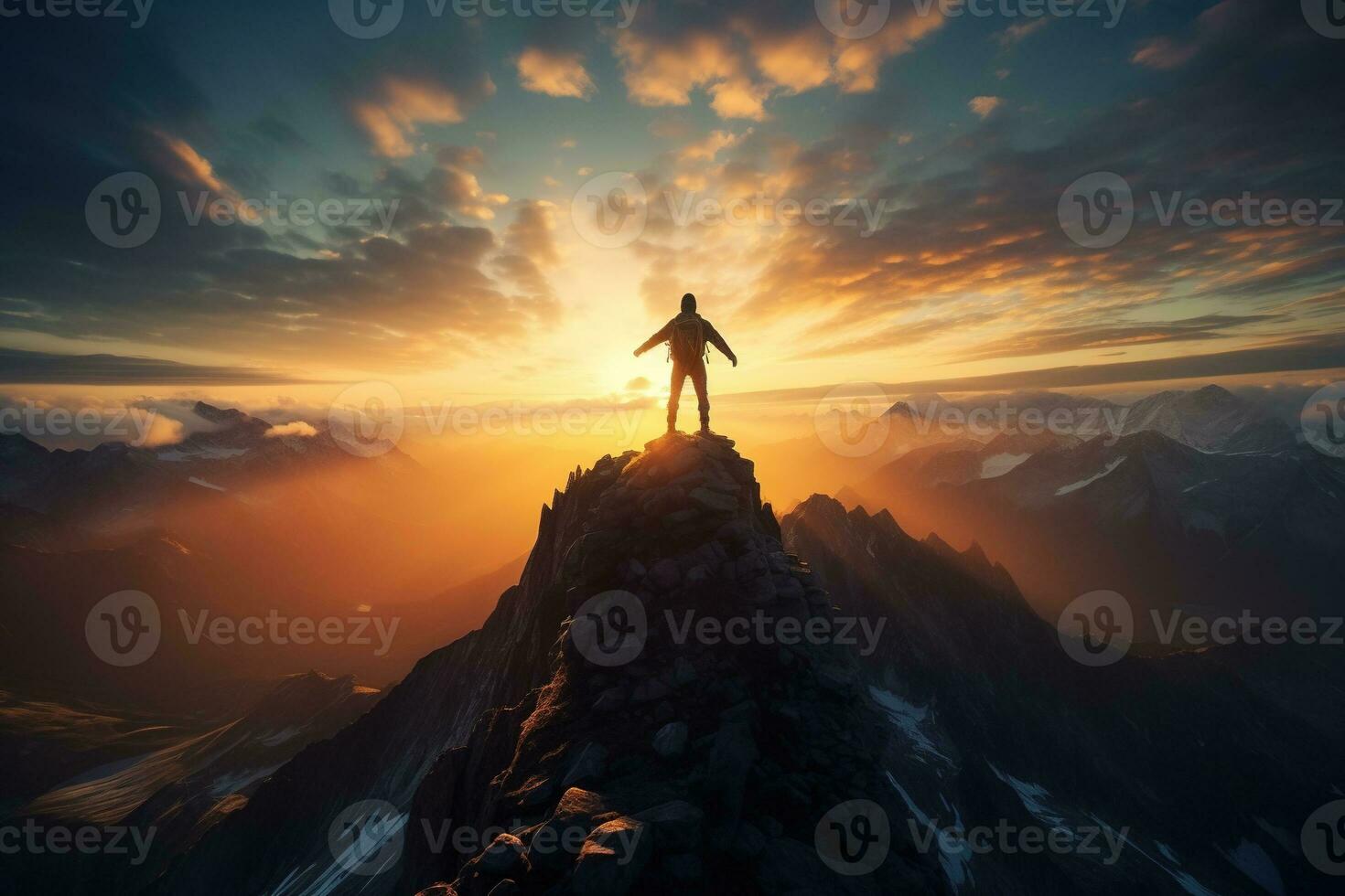 Man standing on top of the mountain and looking at the sunset AI generated photo