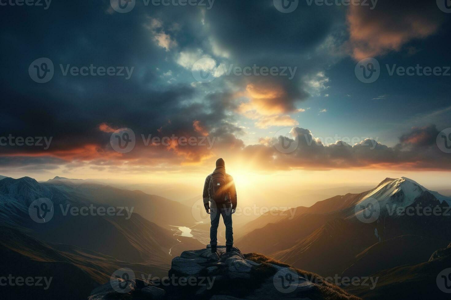 Man standing on top of the mountain and looking at the sunset AI generated photo