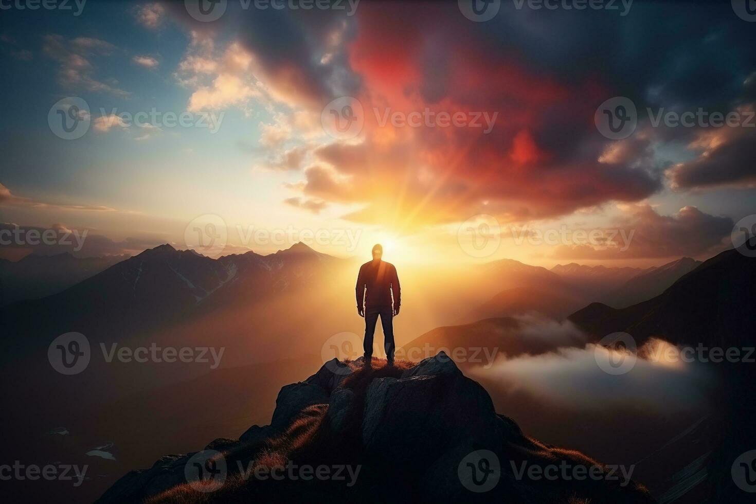 Man standing on top of the mountain and looking at the sunset AI generated photo