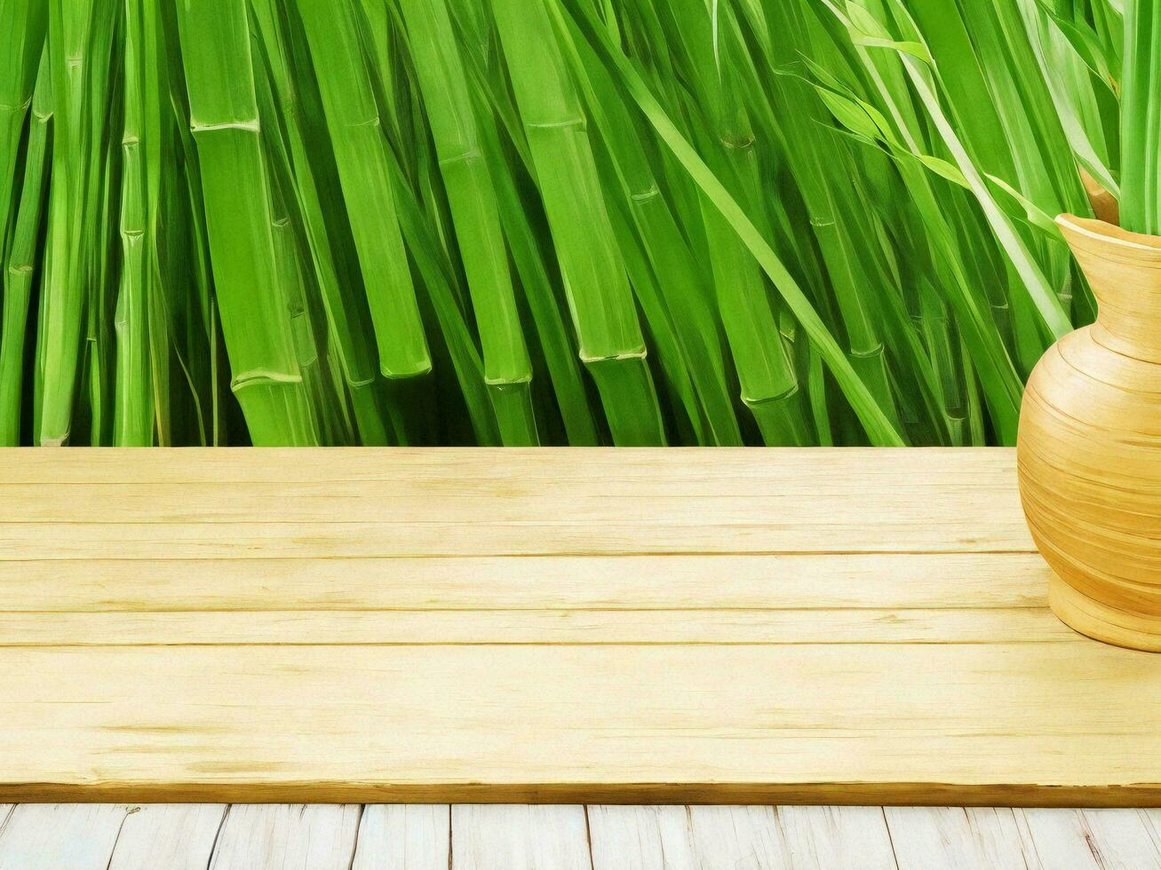 Wooden table on bamboo plant background ai generated photo