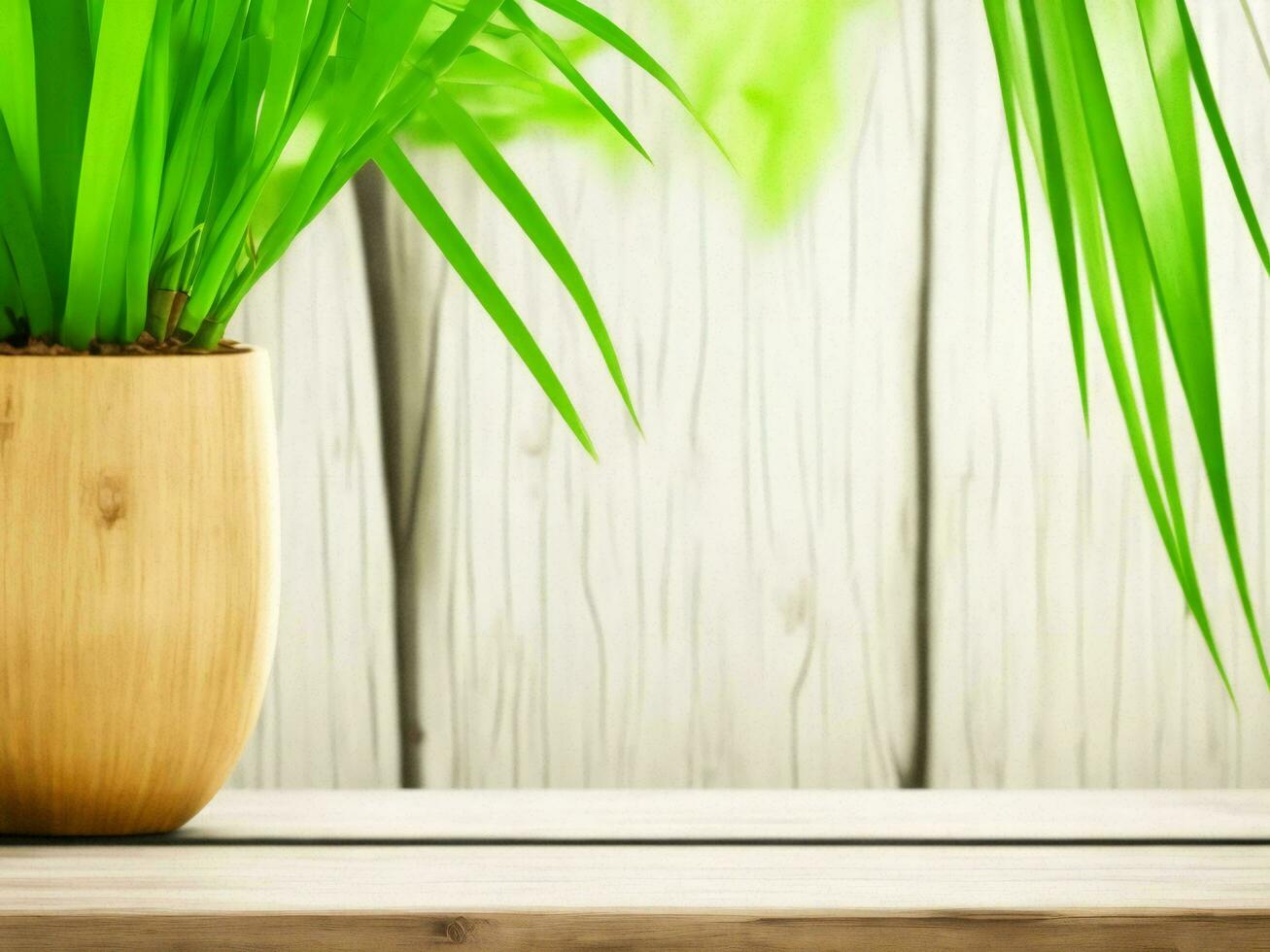 Wooden table on bamboo plant background ai generated photo