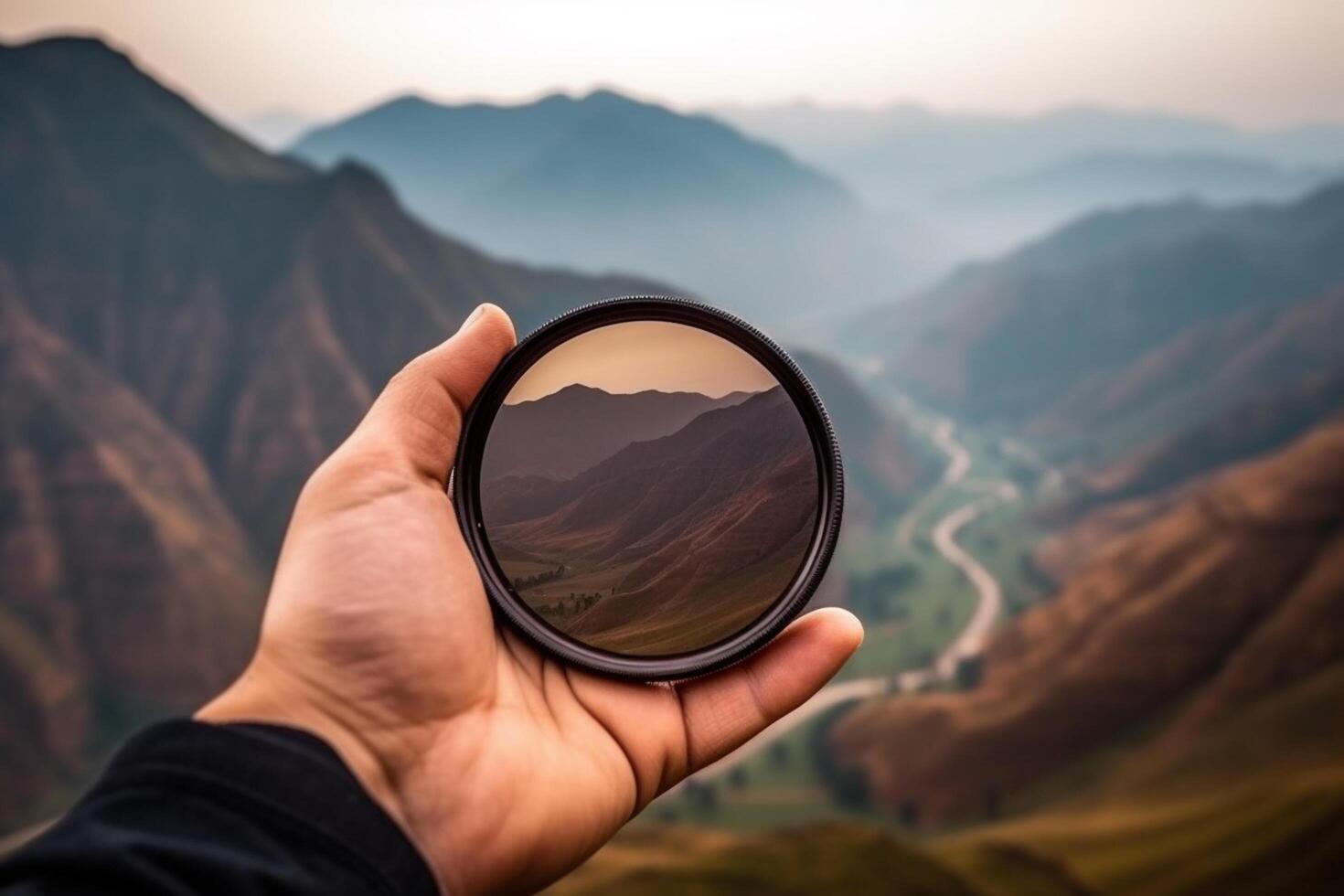 Camera lens in hand on the background of the mountains. Travel concept photo