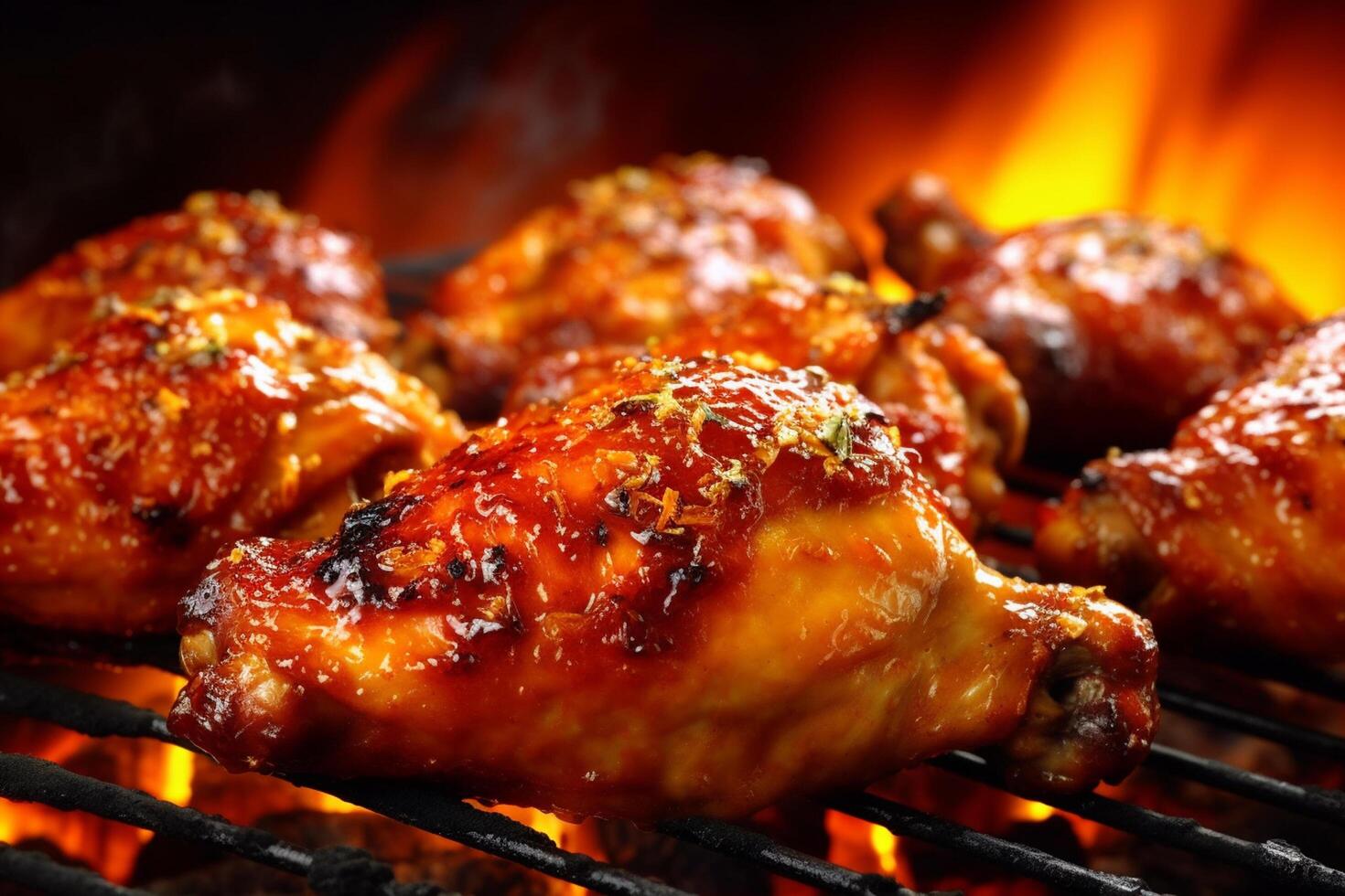 Grilled chicken legs on a barbecue grill with flames in the background photo