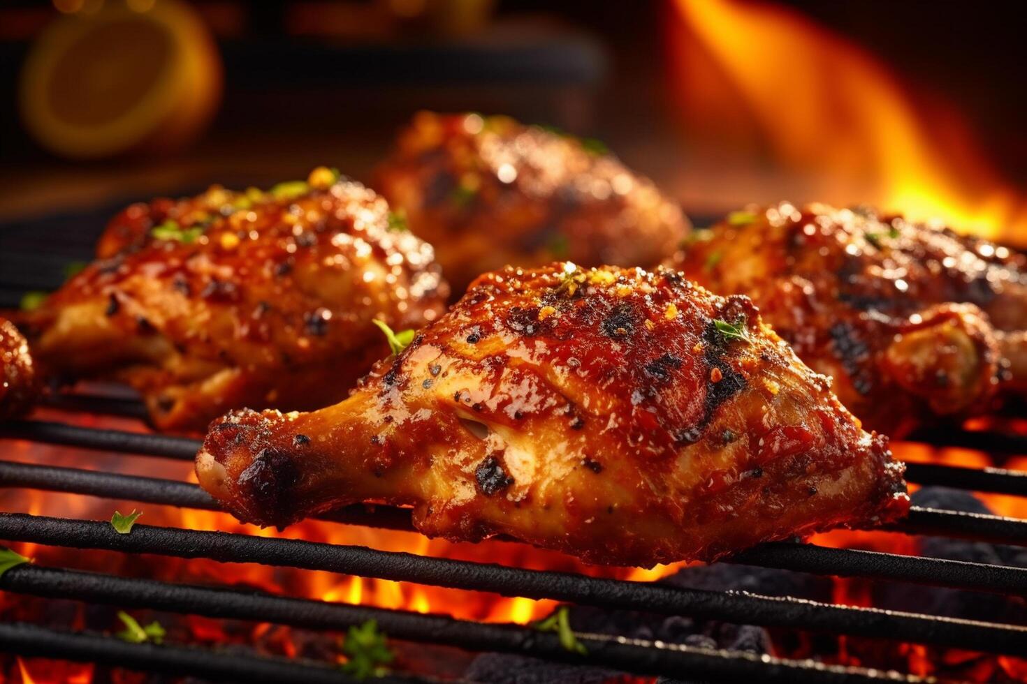 Grilled chicken legs on a barbecue grill with flames in the background photo
