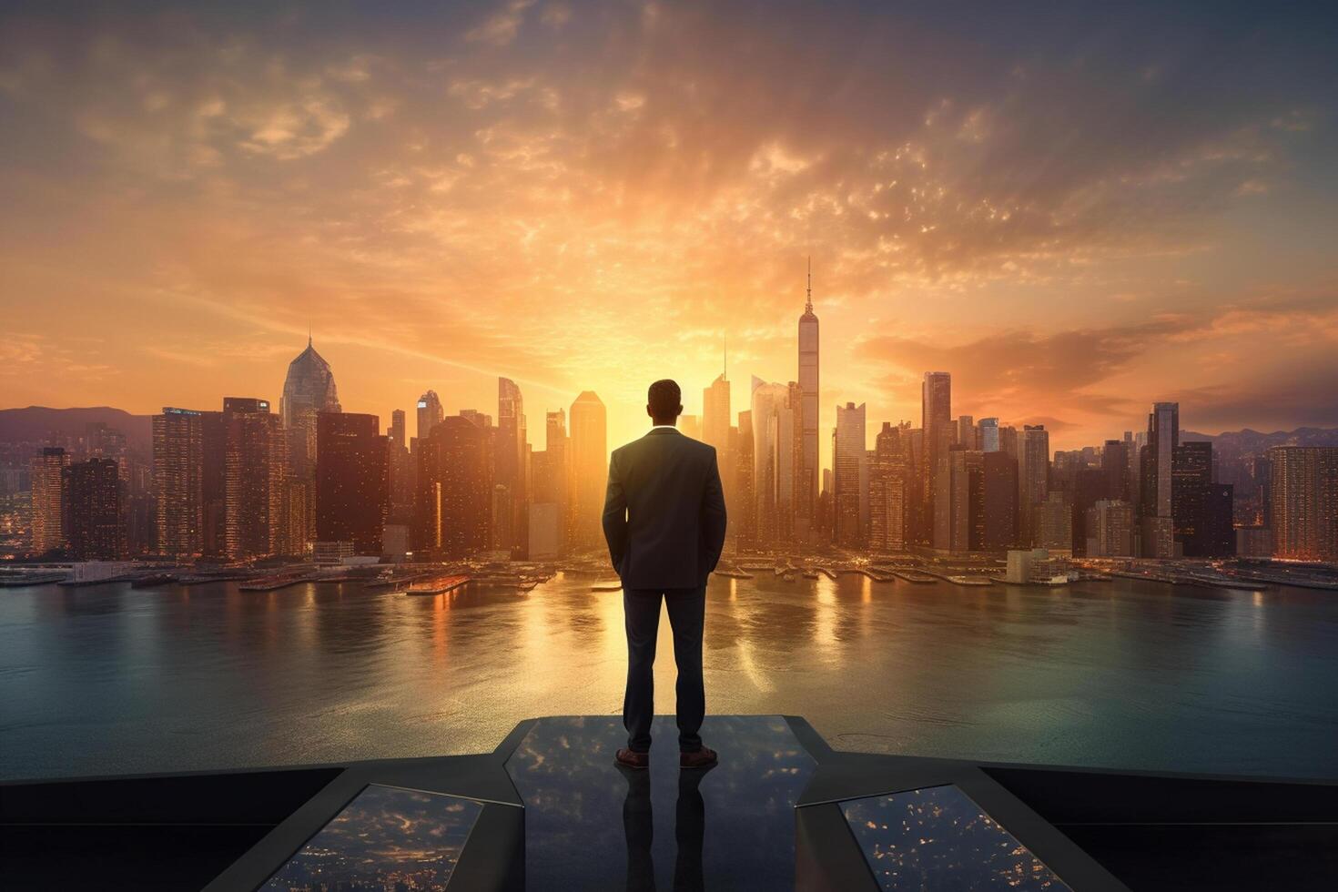 Man looking at the skyscrapers of buildings City at sunset photo